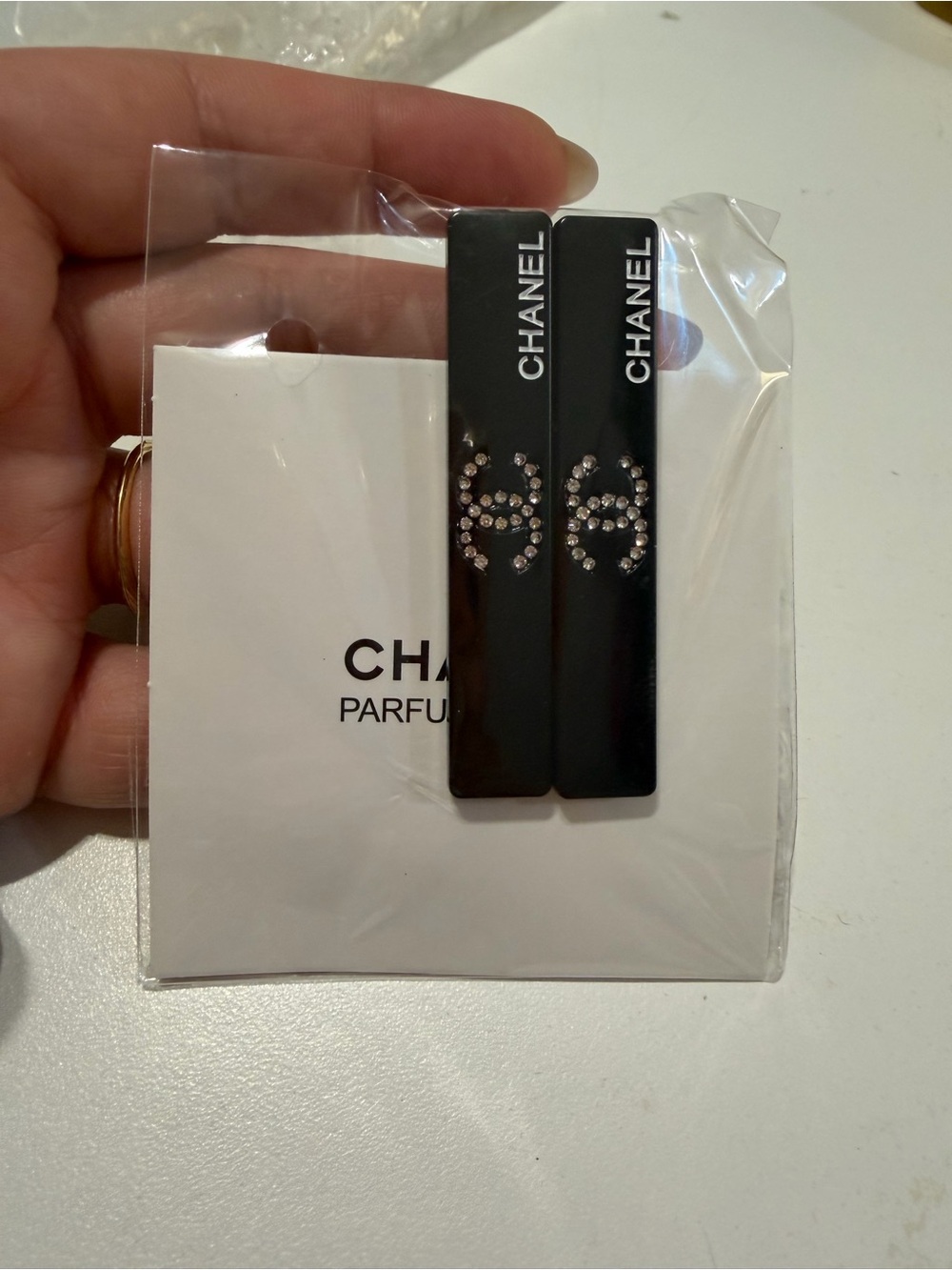 CHANEL Black Rectangular Hair Clips with Crystal CC Logos